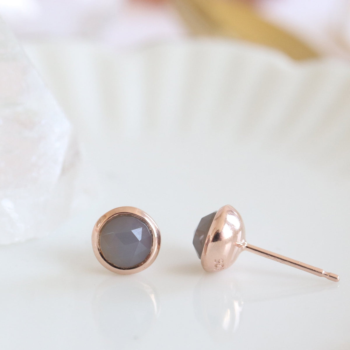DAINTY LEGACY STUDS - GREY MOONSTONE &amp; ROSE GOLD - SO PRETTY CARA COTTER