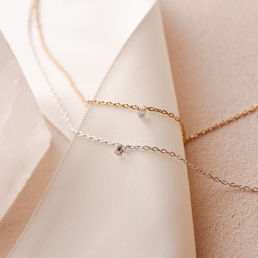 DAINTY RADIANT SOLITAIRE NECKLACE - CUBIC ZIRCONIA &amp; GOLD - SO PRETTY CARA COTTER