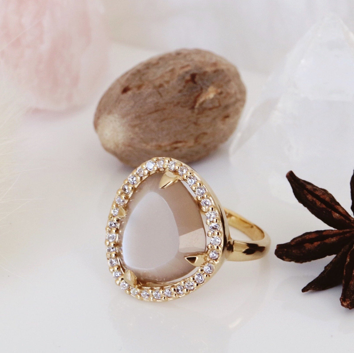 DREAM LUNA COCKTAIL RING - CHAI MOONSTONE, CUBIC ZIRCONIA &amp; GOLD - LIMITED EDITION - SO PRETTY CARA COTTER