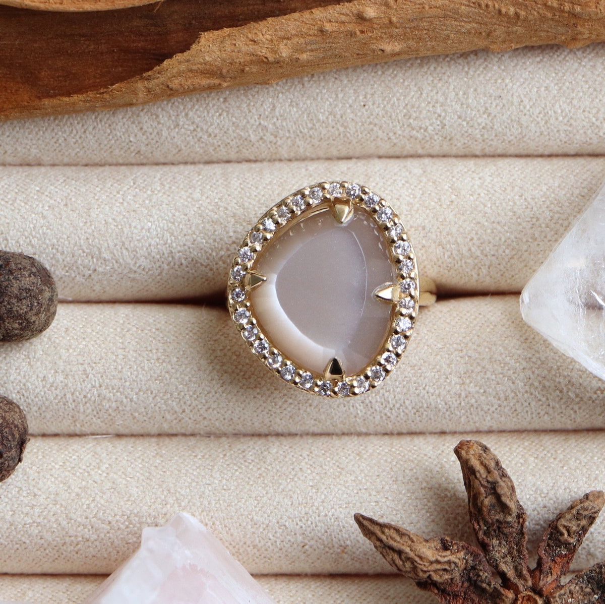 DREAM LUNA COCKTAIL RING - CHAI MOONSTONE, CUBIC ZIRCONIA &amp; GOLD - LIMITED EDITION - SO PRETTY CARA COTTER