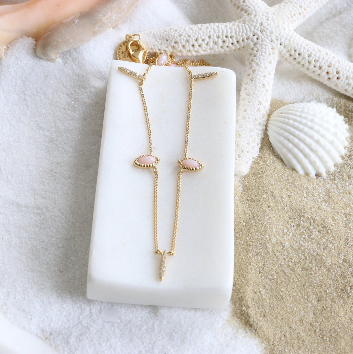 DREAM STARDUST PINK OPAL, CUBIC ZIRCONIA &amp; GOLD SHORT NECKLACE - SO PRETTY CARA COTTER
