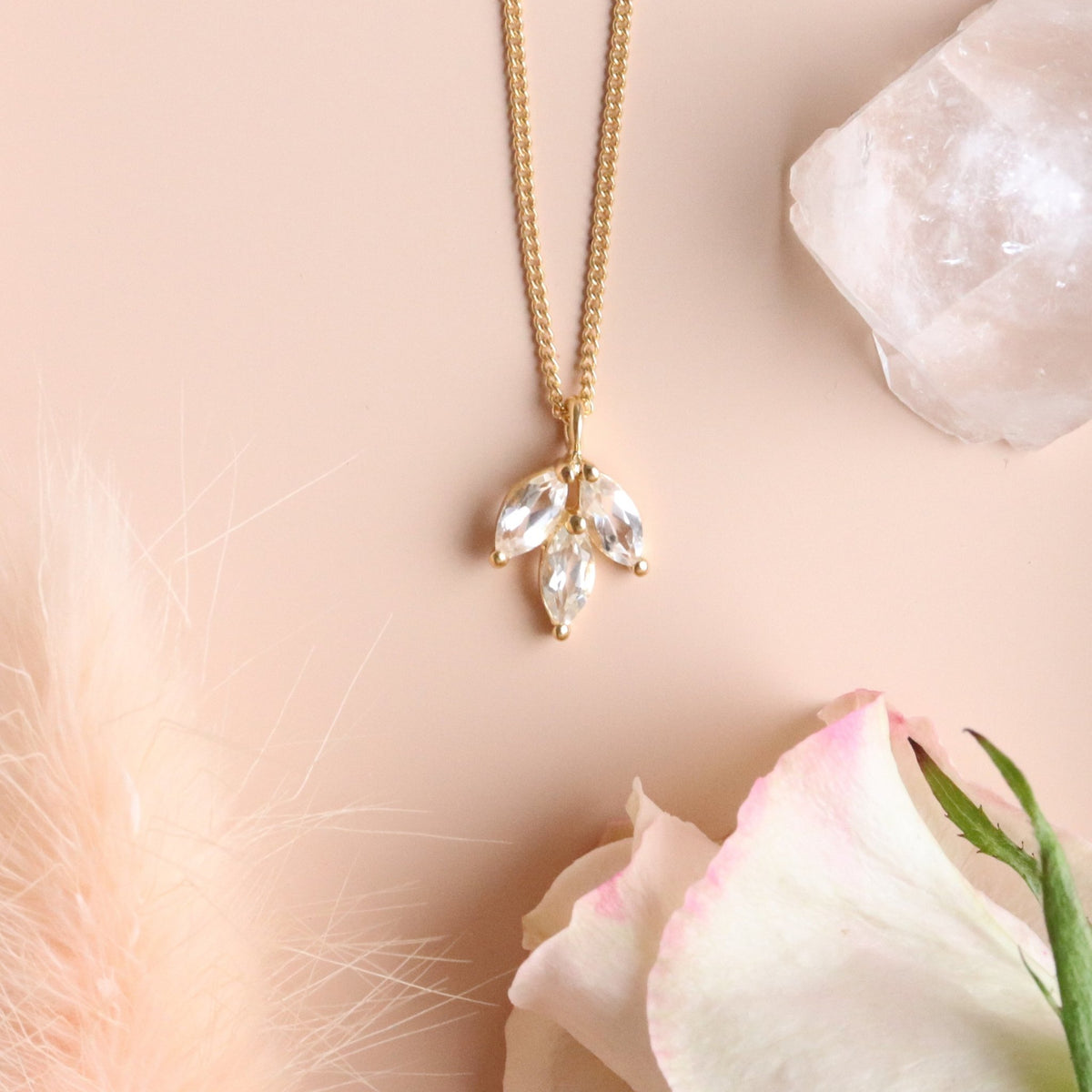 FRAICHE INSPIRE CRYSTAL OLIVE LEAF NECKLACE - WHITE TOPAZ &amp; GOLD - SO PRETTY CARA COTTER
