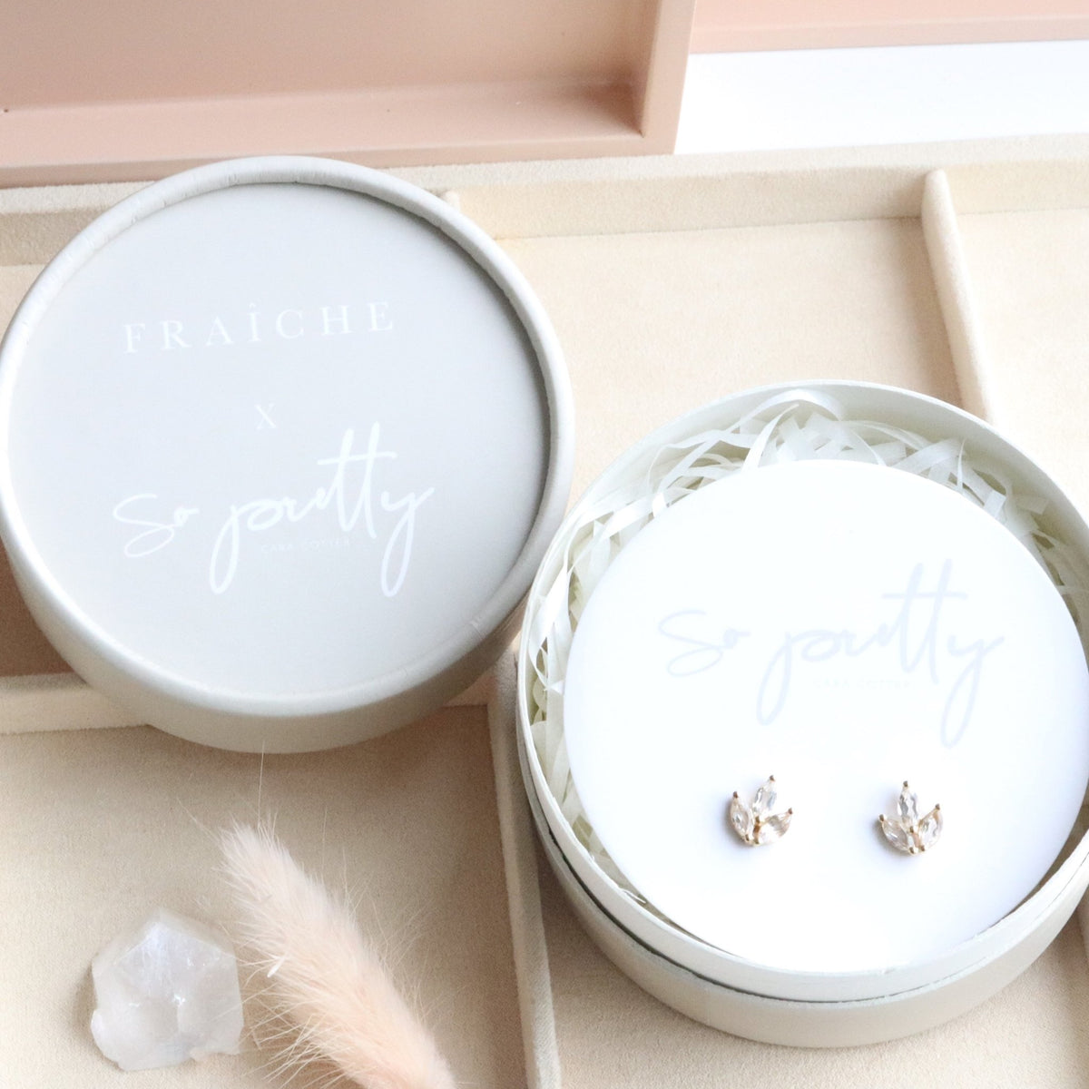 FRAICHE INSPIRE CRYSTAL OLIVE LEAF STUDS - WHITE TOPAZ &amp; GOLD - SO PRETTY CARA COTTER