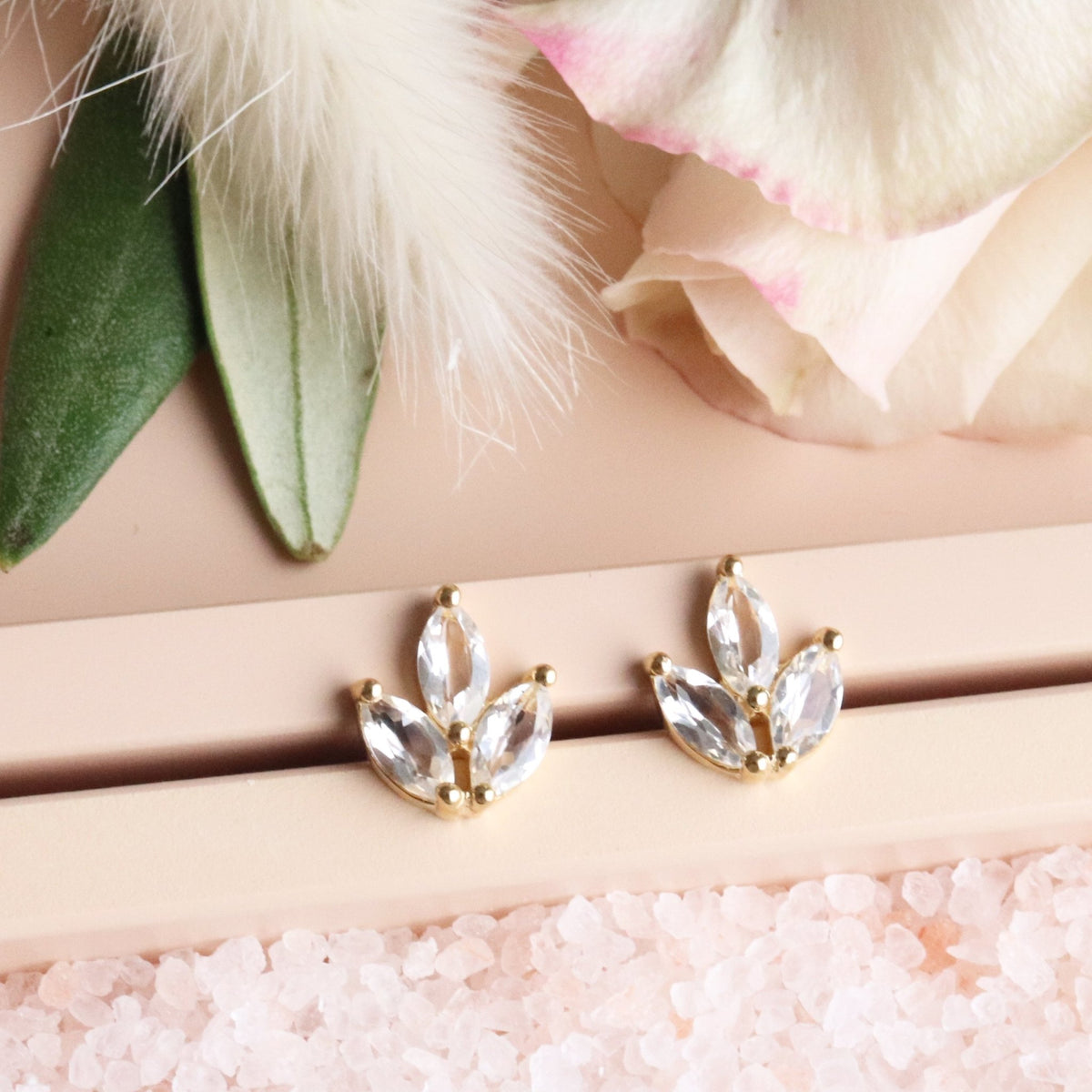 FRAICHE INSPIRE CRYSTAL OLIVE LEAF STUDS - WHITE TOPAZ &amp; GOLD - SO PRETTY CARA COTTER