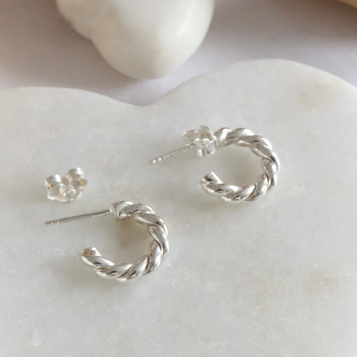 FRAICHE INSPIRE MINI TWISTED CYLINDER HOOPS - SILVER - SO PRETTY CARA COTTER