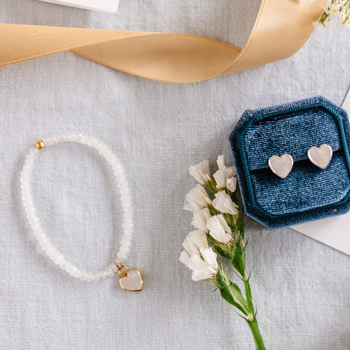 FRAICHE INSPIRE SWEETHEART STRETCH BRACELET - MOONSTONE, MOTHER OF PEARL &amp; GOLD - SO PRETTY CARA COTTER