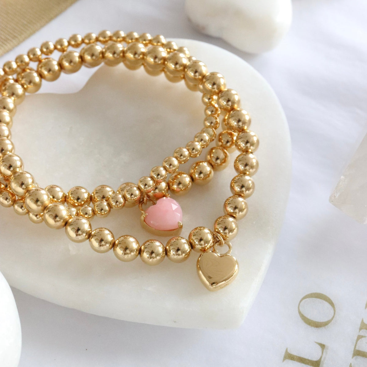 FRAICHE INSPIRE SWEETHEART STRETCH BRACELET – PINK OPAL &amp; GOLD 7&quot; - SO PRETTY CARA COTTER