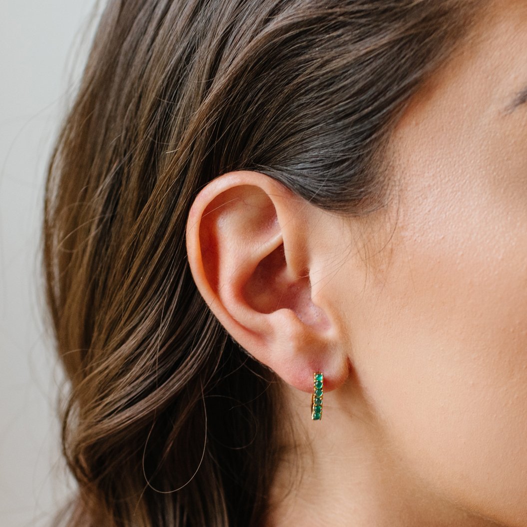 GLEE HUGGIE HOOPS - GREEN ONYX & GOLD - SO PRETTY CARA COTTER