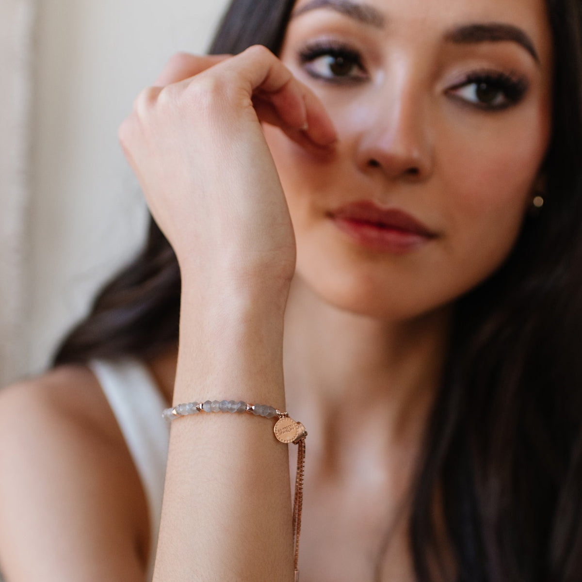 ICONIC ADJUSTABLE NUGGET BRACELET - GREY MOONSTONE &amp; ROSE GOLD - SO PRETTY CARA COTTER