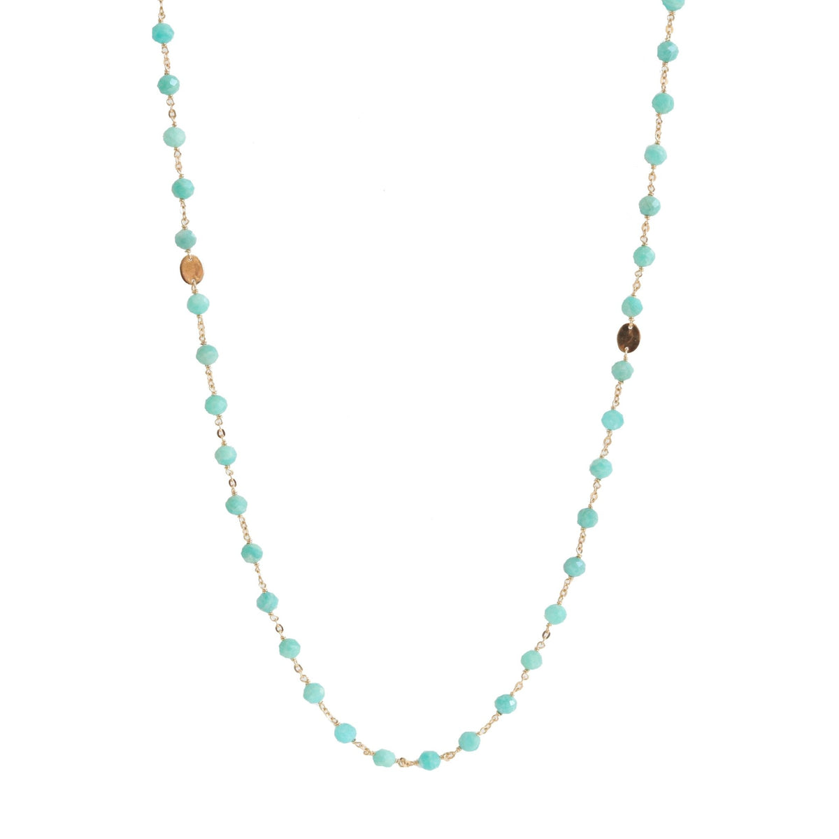 ICONIC LONG BEADED NECKLACE - AQUA AMAZONITE &amp; GOLD 34&quot; - SO PRETTY CARA COTTER