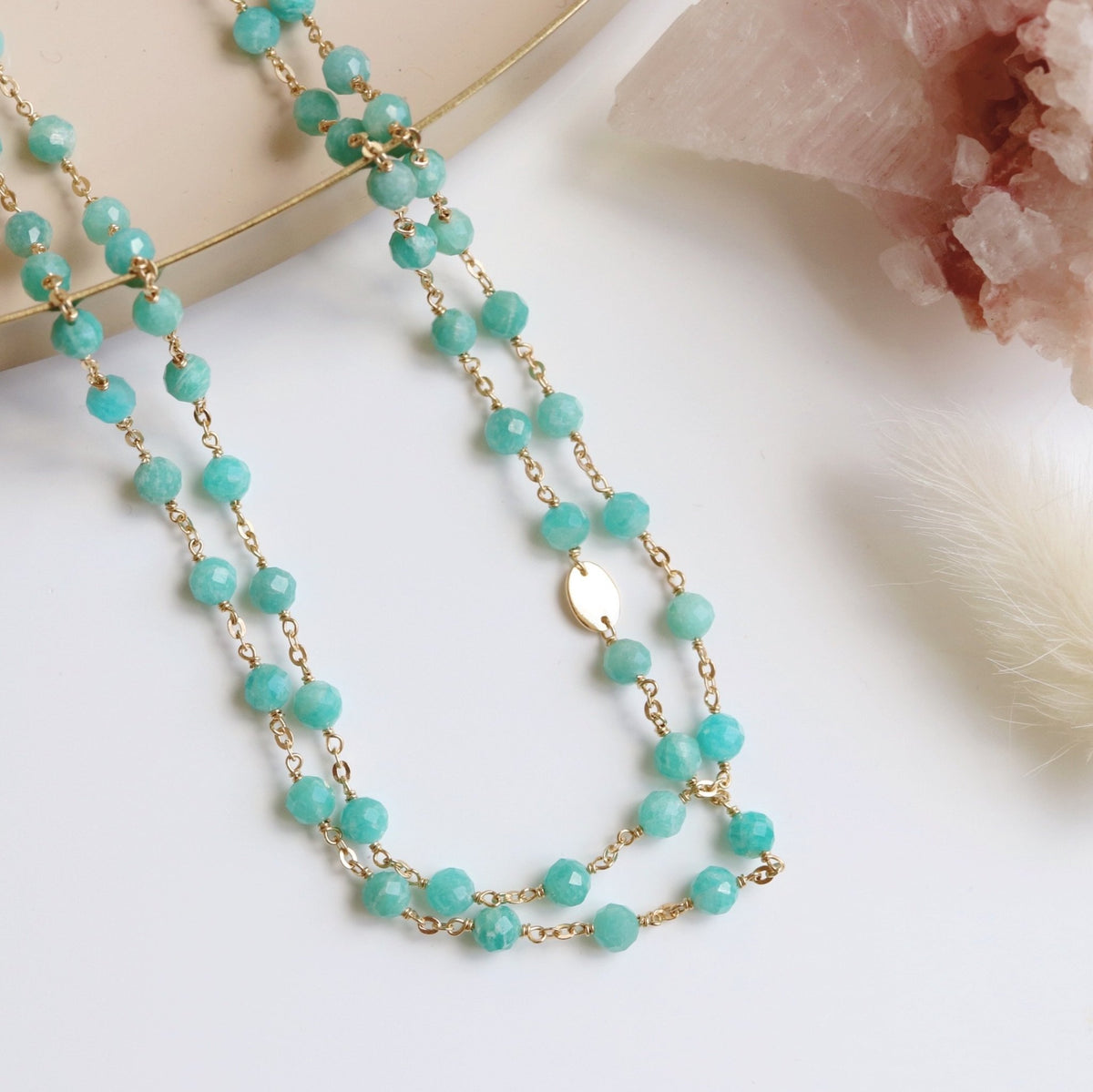 ICONIC LONG BEADED NECKLACE - AQUA ITE & GOLD 34 - SO PRETTY CARA  COTTER
