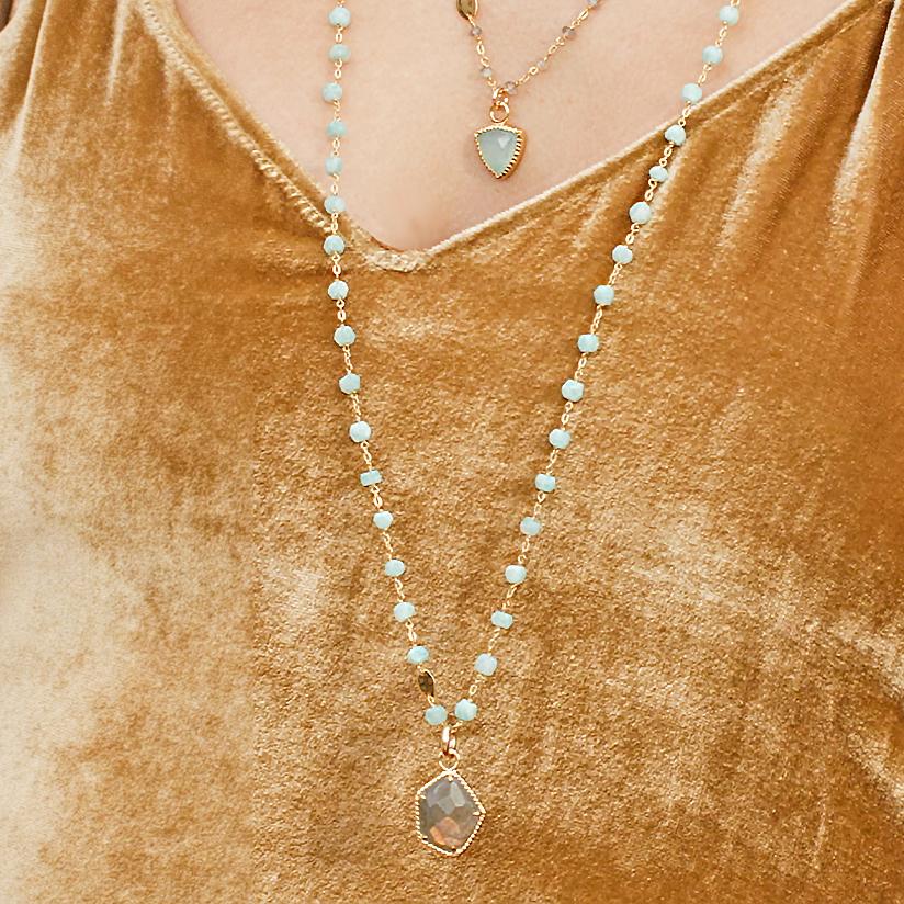 ICONIC LONG BEADED NECKLACE - AQUA AMAZONITE &amp; GOLD 34&quot; - SO PRETTY CARA COTTER