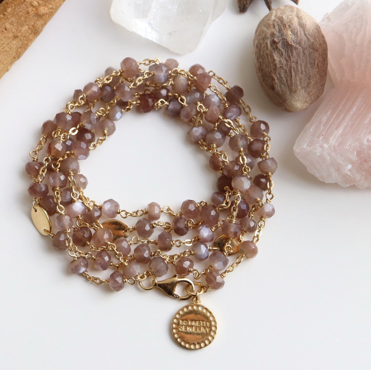 ICONIC LONG BEADED NECKLACE - CHAI MOONSTONE &amp; GOLD 34&quot;- LIMITED EDITION - SO PRETTY CARA COTTER