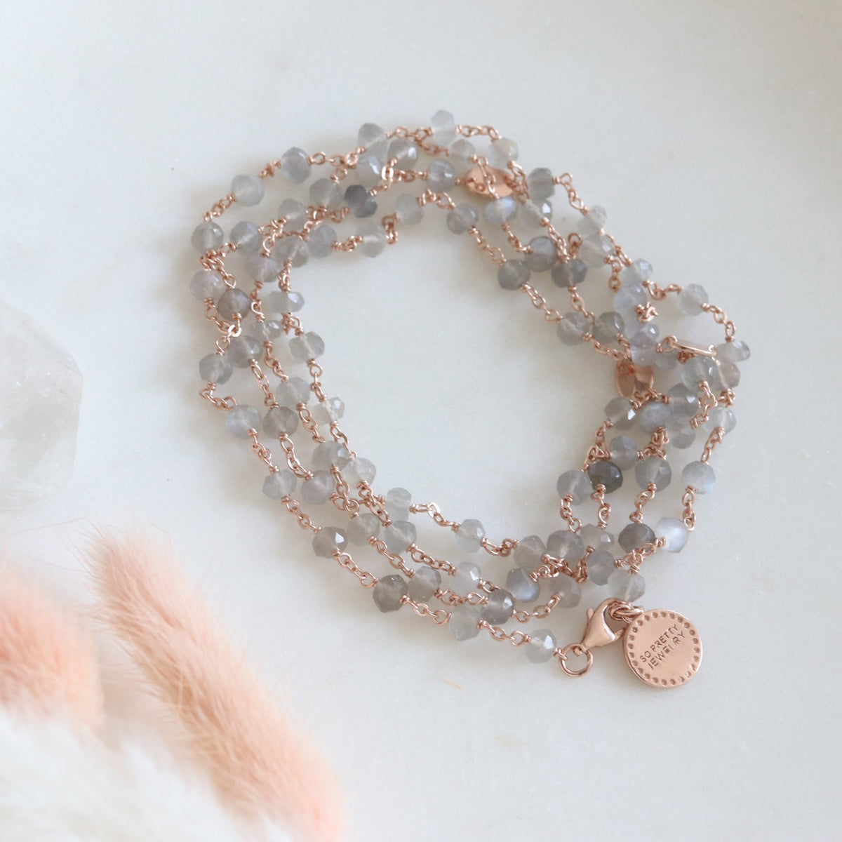 ICONIC LONG BEADED NECKLACE - GREY MOONSTONE &amp; ROSE GOLD 34&quot; - SO PRETTY CARA COTTER
