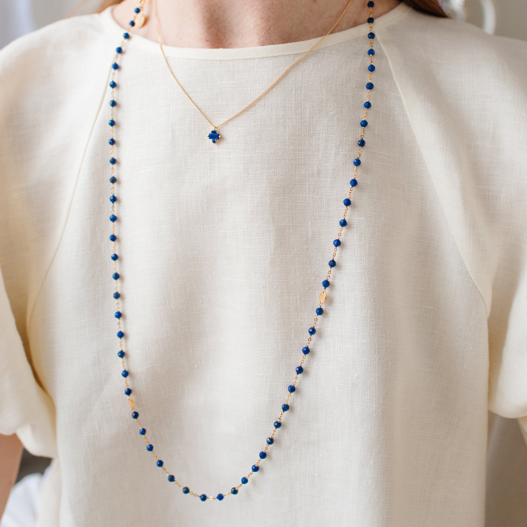 ICONIC LONG BEADED NECKLACE - LAPIS & GOLD 34" - SO PRETTY CARA COTTER