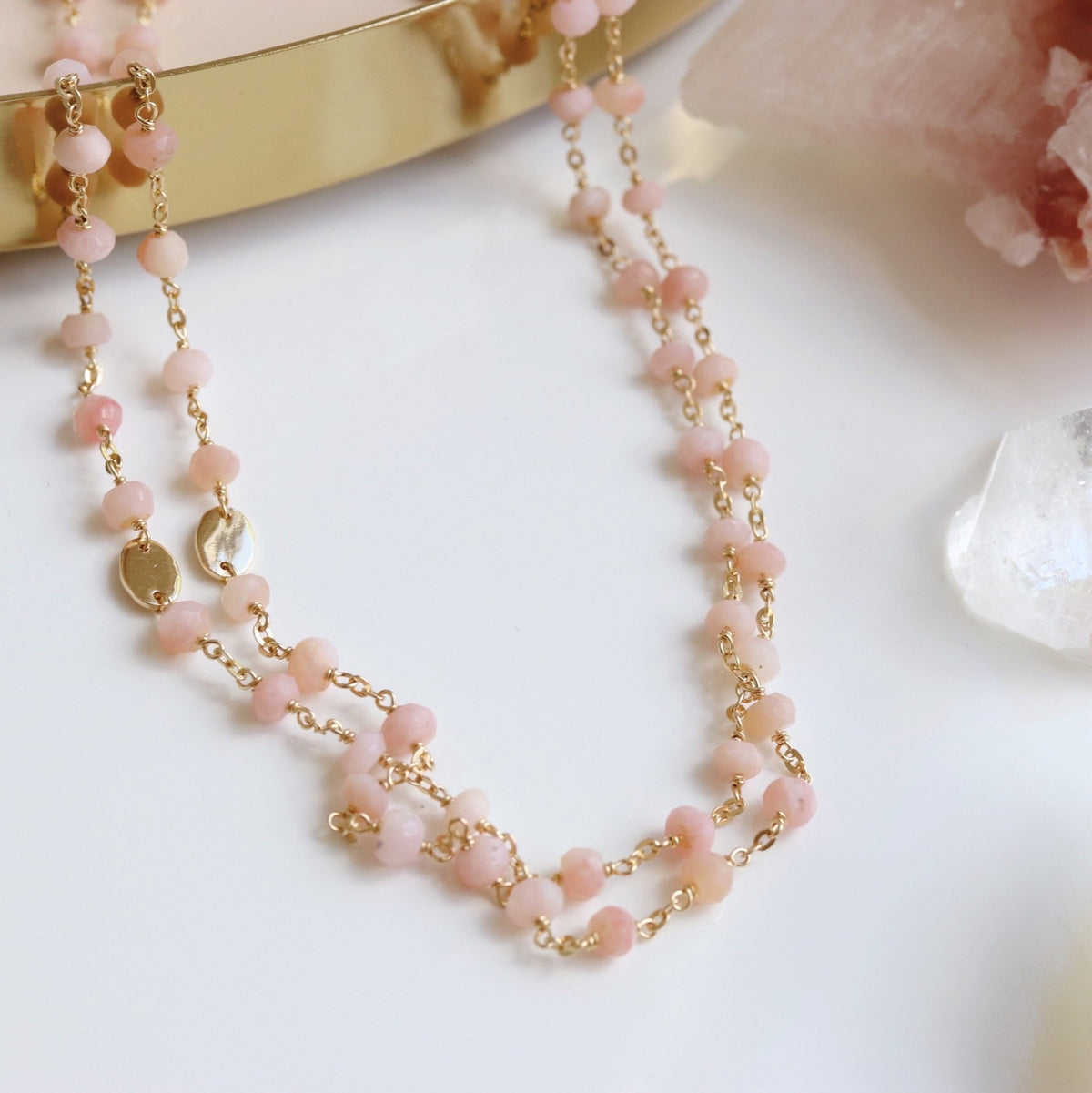 ICONIC LONG BEADED NECKLACE - PINK OPAL &amp; GOLD 34&quot; - SO PRETTY CARA COTTER