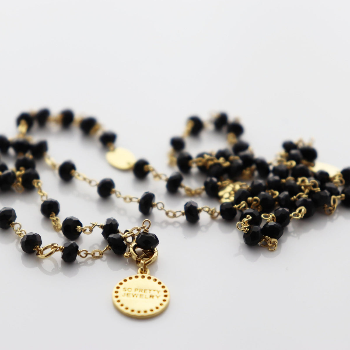 18 Inch Black Onyx Hydro Choker Necklace Faceted Rondelle Beads 24k Gold  Plated Wire Wrapped Rosary Vermeil Chain.
