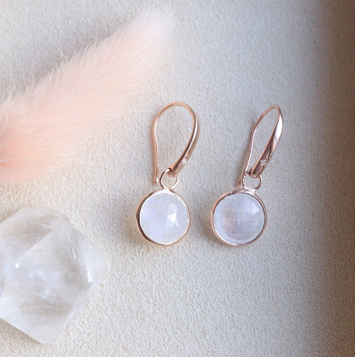 LEGACY DROP EARRINGS - RAINBOW MOONSTONE, CUBIC ZIRCONIA &amp; ROSE GOLD - SO PRETTY CARA COTTER