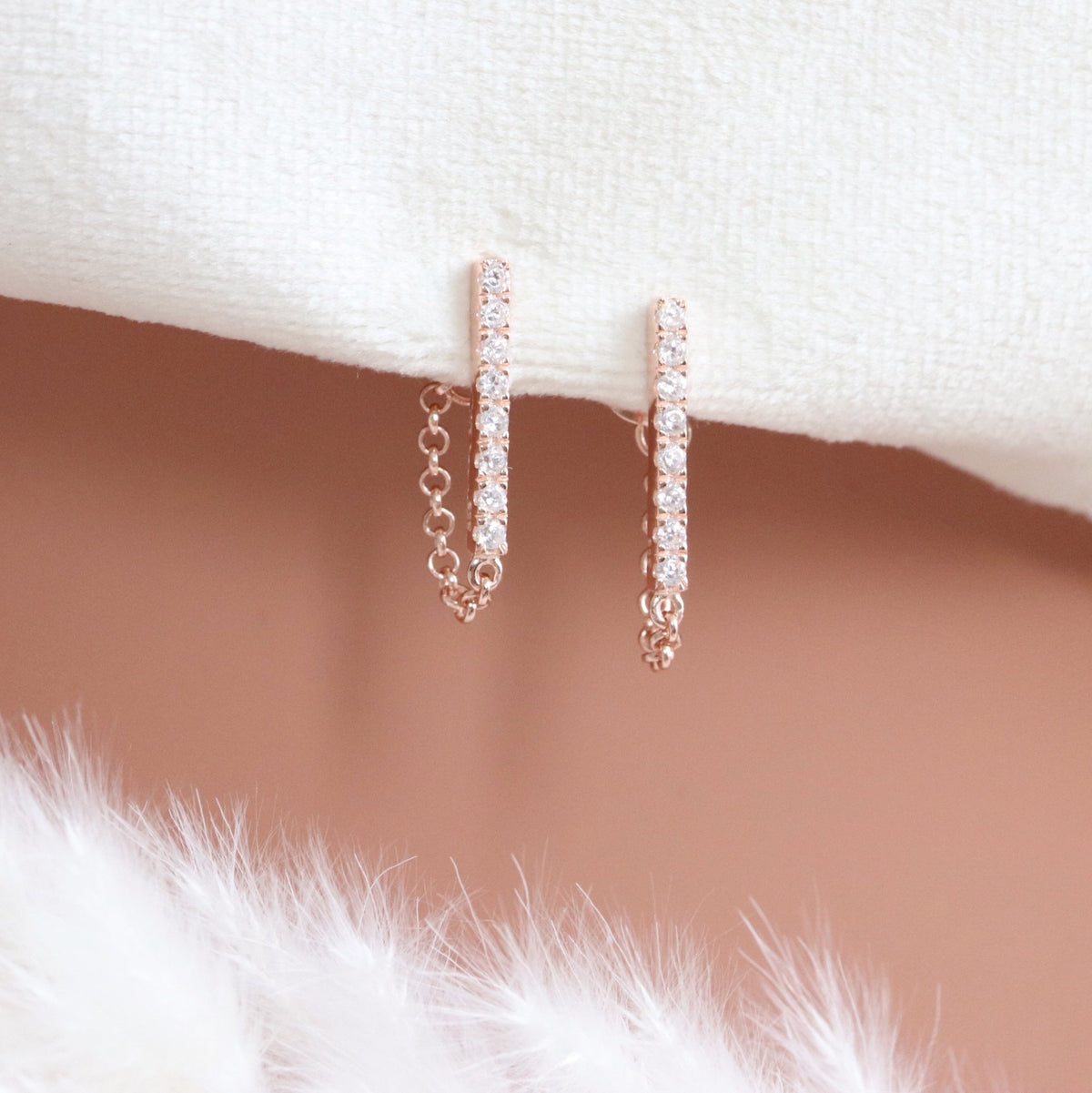 LOVE BAR CHAIN EARRINGS - CUBIC ZIRCONIA &amp; ROSE GOLD - SO PRETTY CARA COTTER