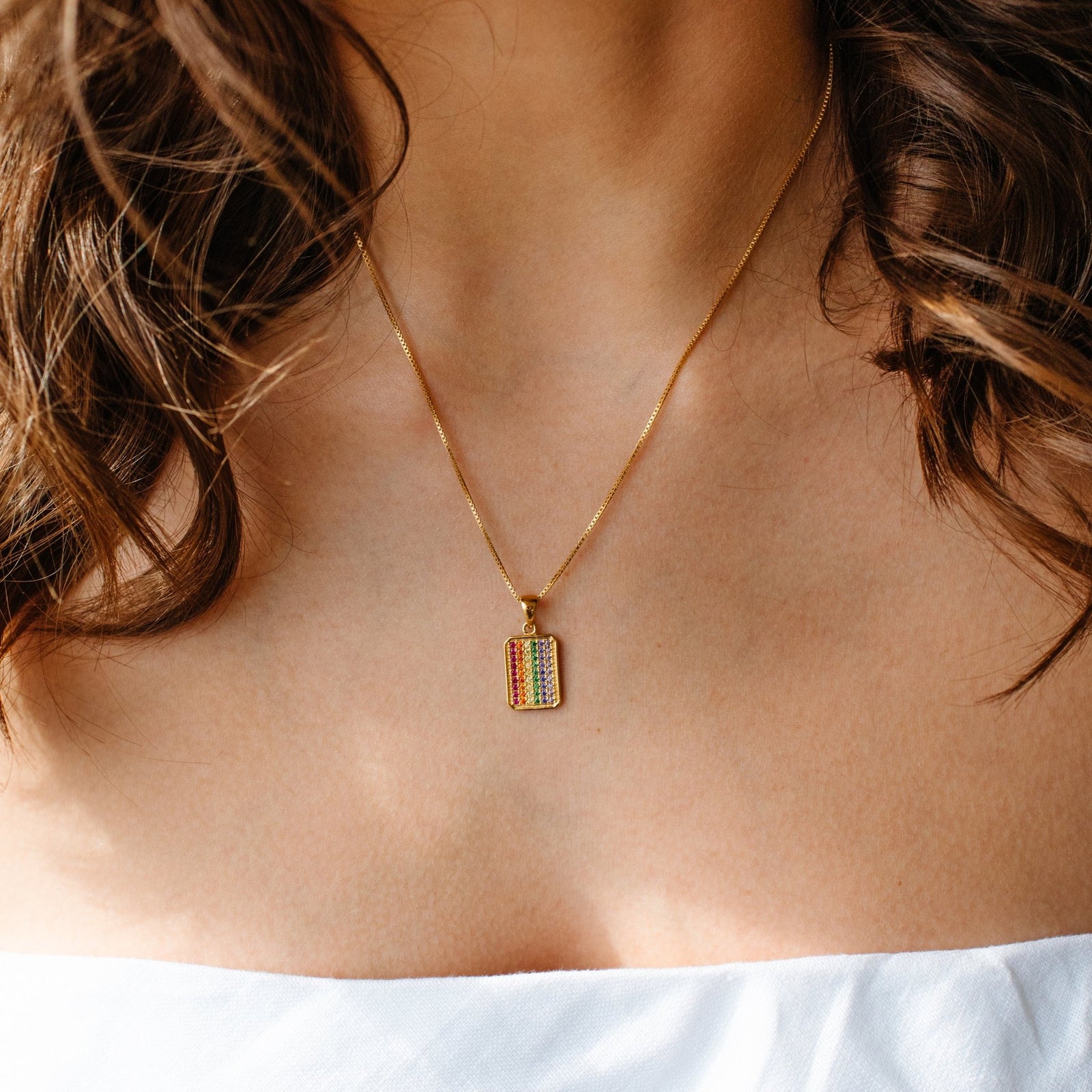 LOVE DAINTY DOG TAG NECKLACE - RAINBOW CUBIC ZIRCONIA & GOLD - SO PRETTY CARA COTTER