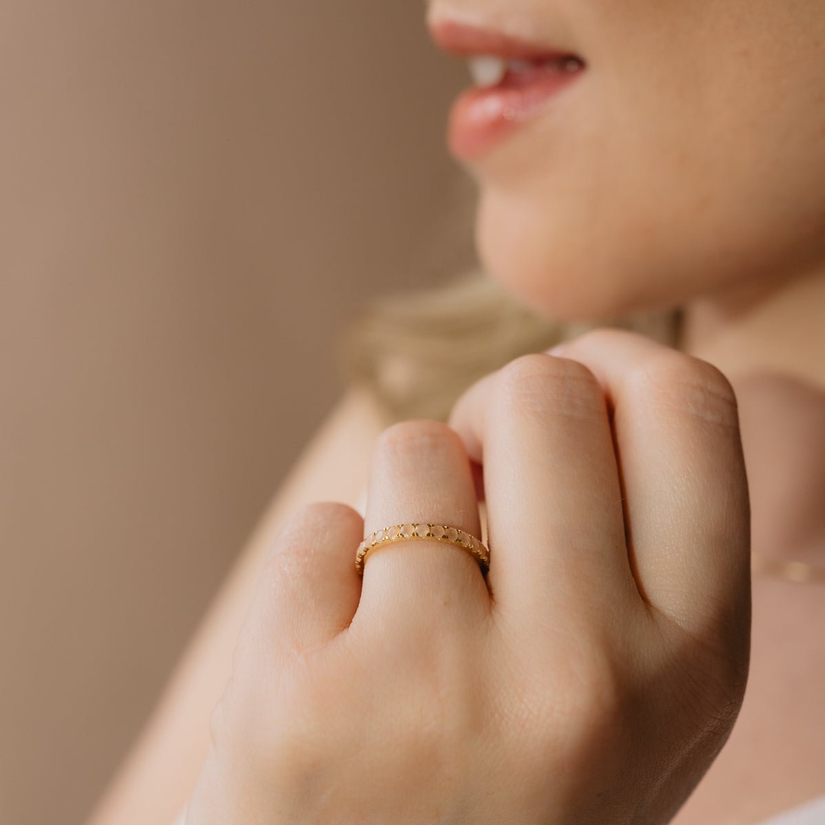 LOVE ETERNITY BAND - PEACH MOONSTONE & GOLD - SO PRETTY CARA COTTER
