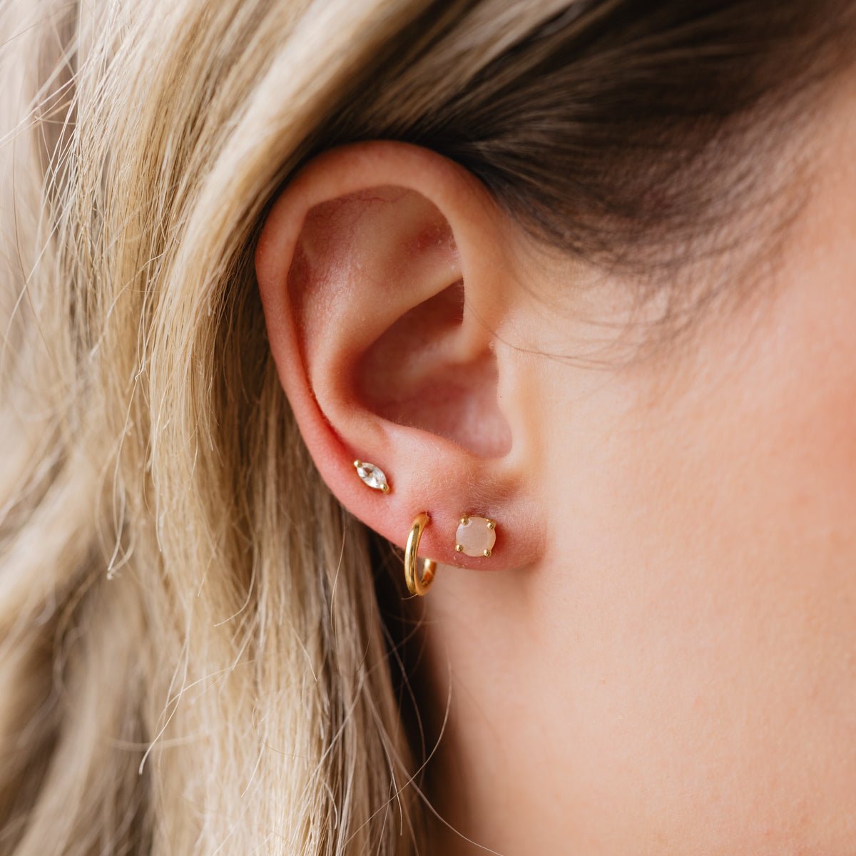 LOVE SOLITAIRE STUDS - PEACH MOONSTONE & GOLD - SO PRETTY CARA COTTER