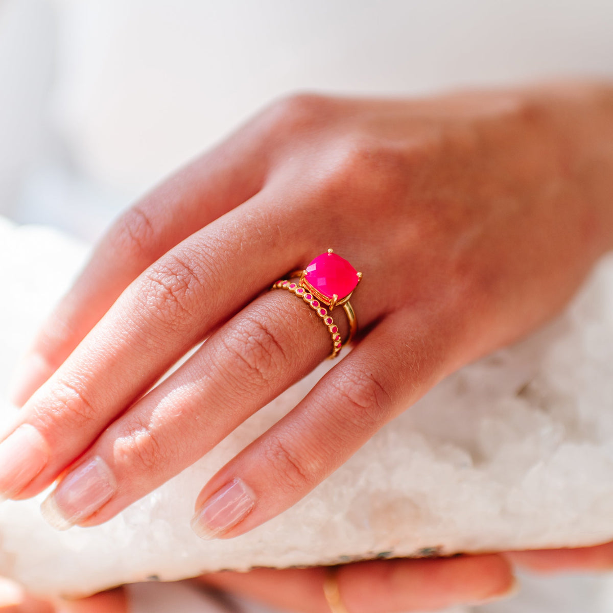 LOVE THIN DISK BAND RING - HOT PINK CHALCEDONY &amp; GOLD - SO PRETTY CARA COTTER