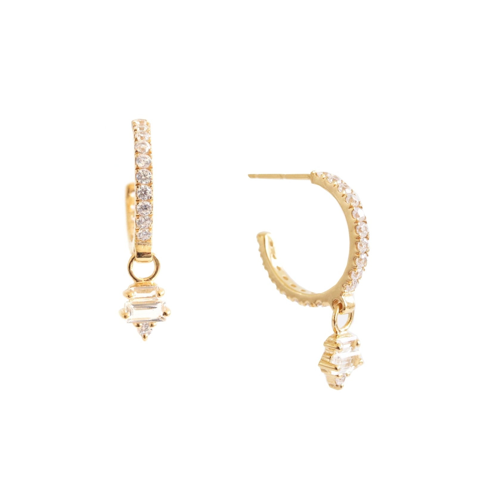 Loyal Huggie Dangle Hoops - White Topaz, Cubic Zirconia & Gold - SO PRETTY CARA COTTER