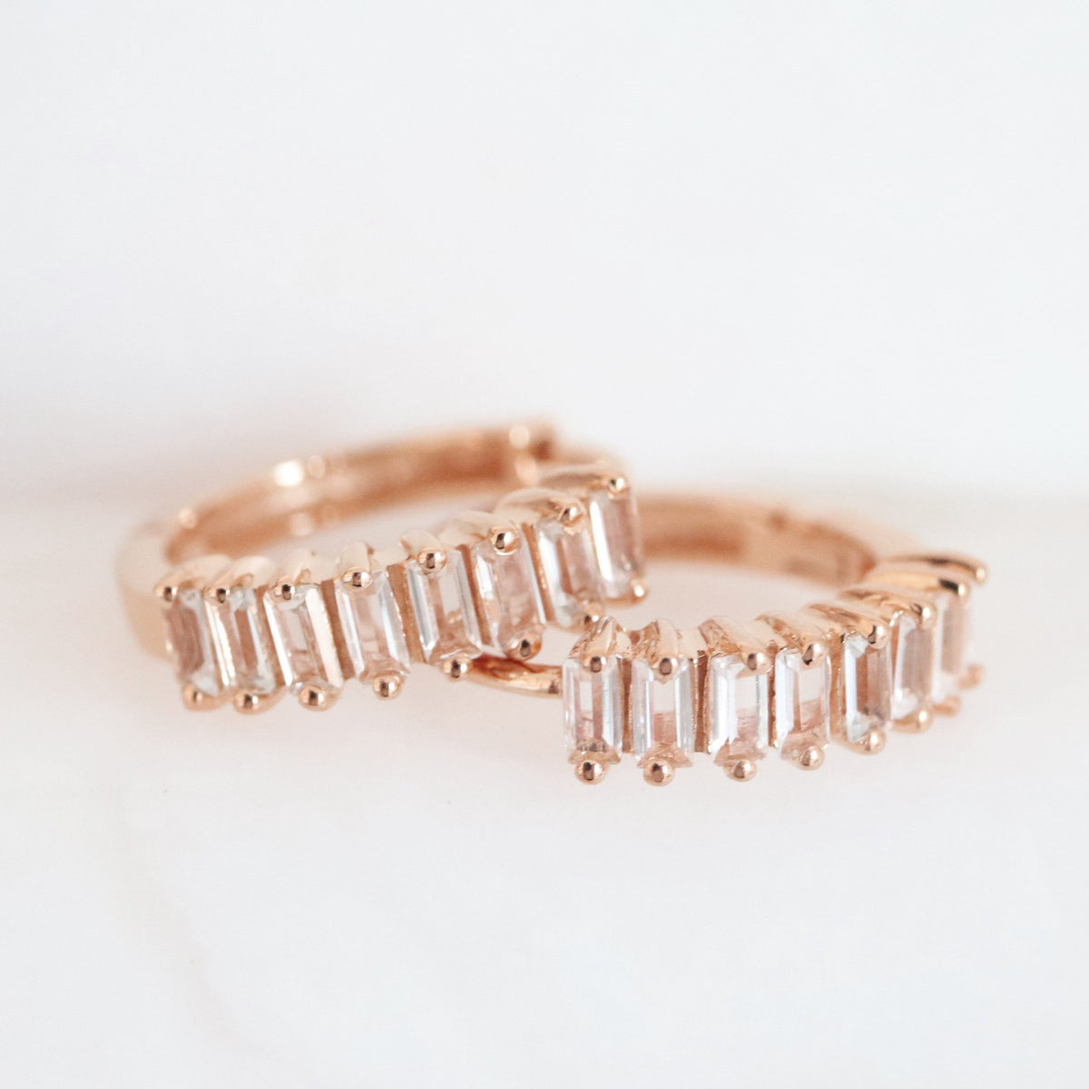 LOYAL HUGGIE HOOPS - WHITE TOPAZ &amp; ROSE GOLD - SO PRETTY CARA COTTER