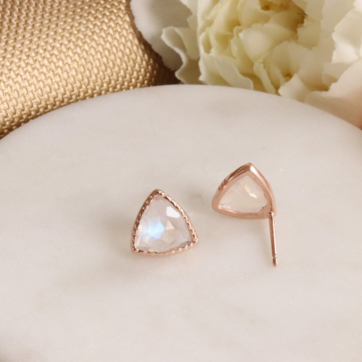 MINI FREEDOM STUD EARRINGS - RAINBOW MOONSTONE &amp; ROSE GOLD - SO PRETTY CARA COTTER