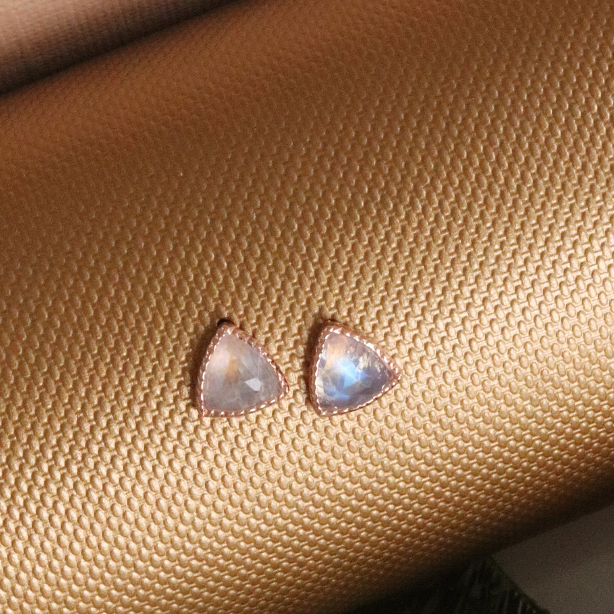 MINI FREEDOM STUD EARRINGS - RAINBOW MOONSTONE &amp; ROSE GOLD - SO PRETTY CARA COTTER