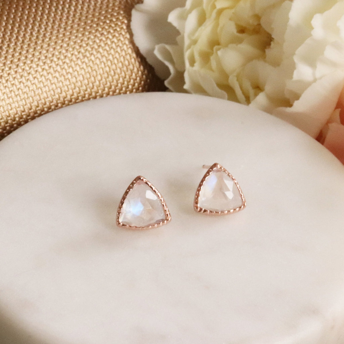 MINI FREEDOM STUD EARRINGS - RAINBOW MOONSTONE &amp; ROSE GOLD - SO PRETTY CARA COTTER