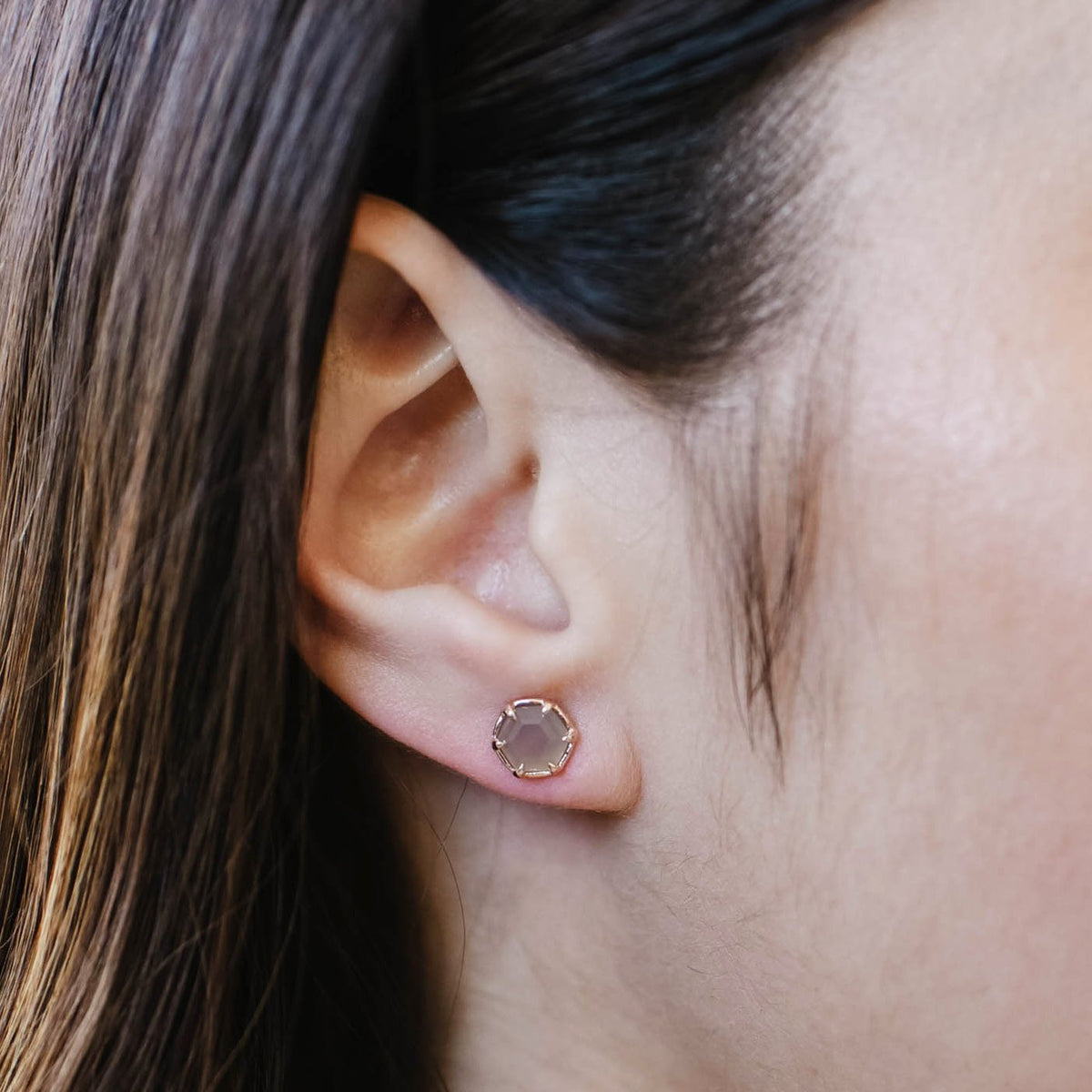 Mini Grace Hexagon Stud Earrings - Grey Moonstone &amp; Rose Gold - SO PRETTY CARA COTTER