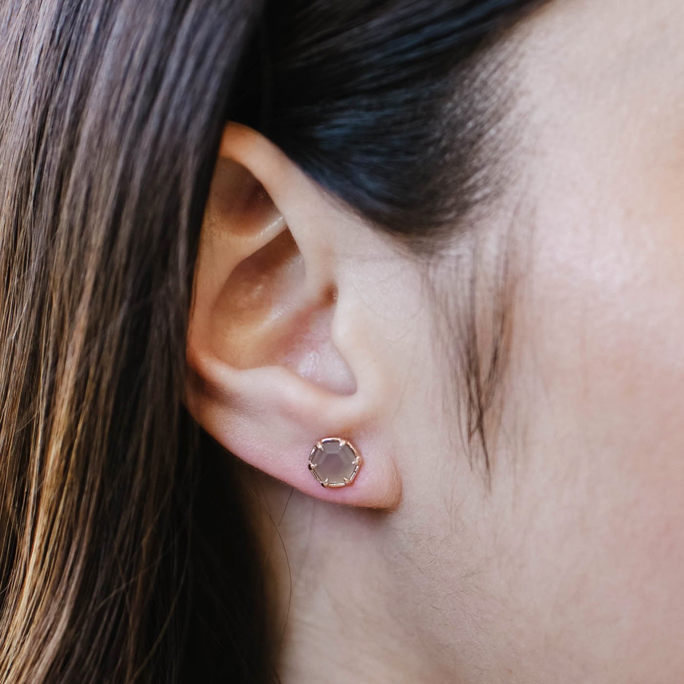 Mini Grace Hexagon Stud Earrings - Grey Moonstone & Rose Gold - SO PRETTY CARA COTTER