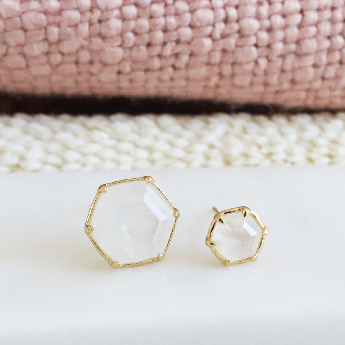 Mini Grace Hexagon Stud Earrings - Rainbow Moonstone &amp; Gold - SO PRETTY CARA COTTER