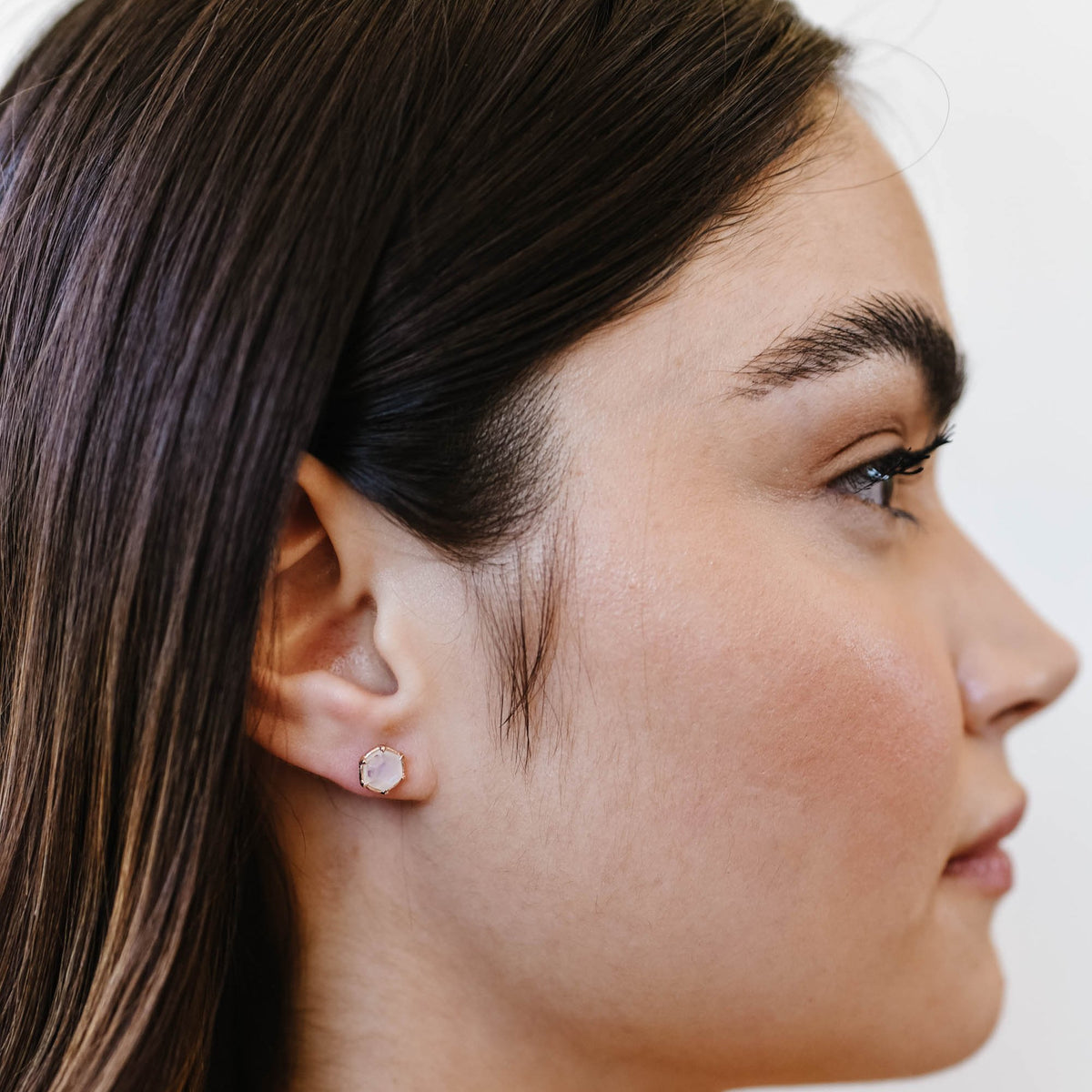 Mini Grace Hexagon Stud Earrings - Rainbow Moonstone &amp; Rose Gold - SO PRETTY CARA COTTER
