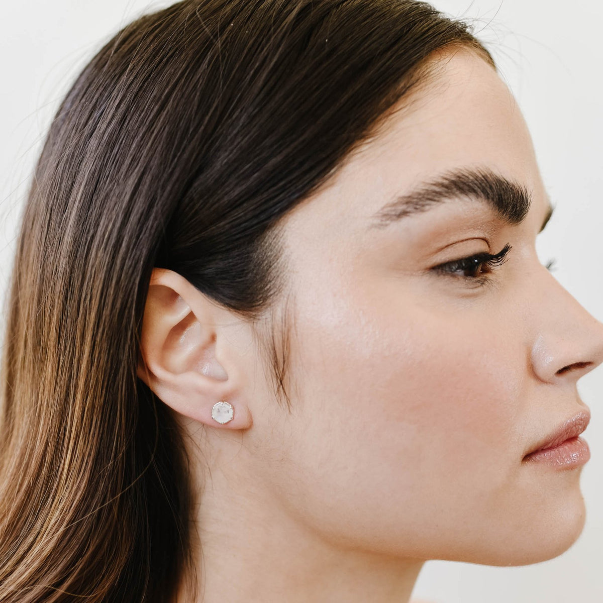 Mini Grace Hexagon Stud Earrings - Rainbow Moonstone &amp; Silver - SO PRETTY CARA COTTER