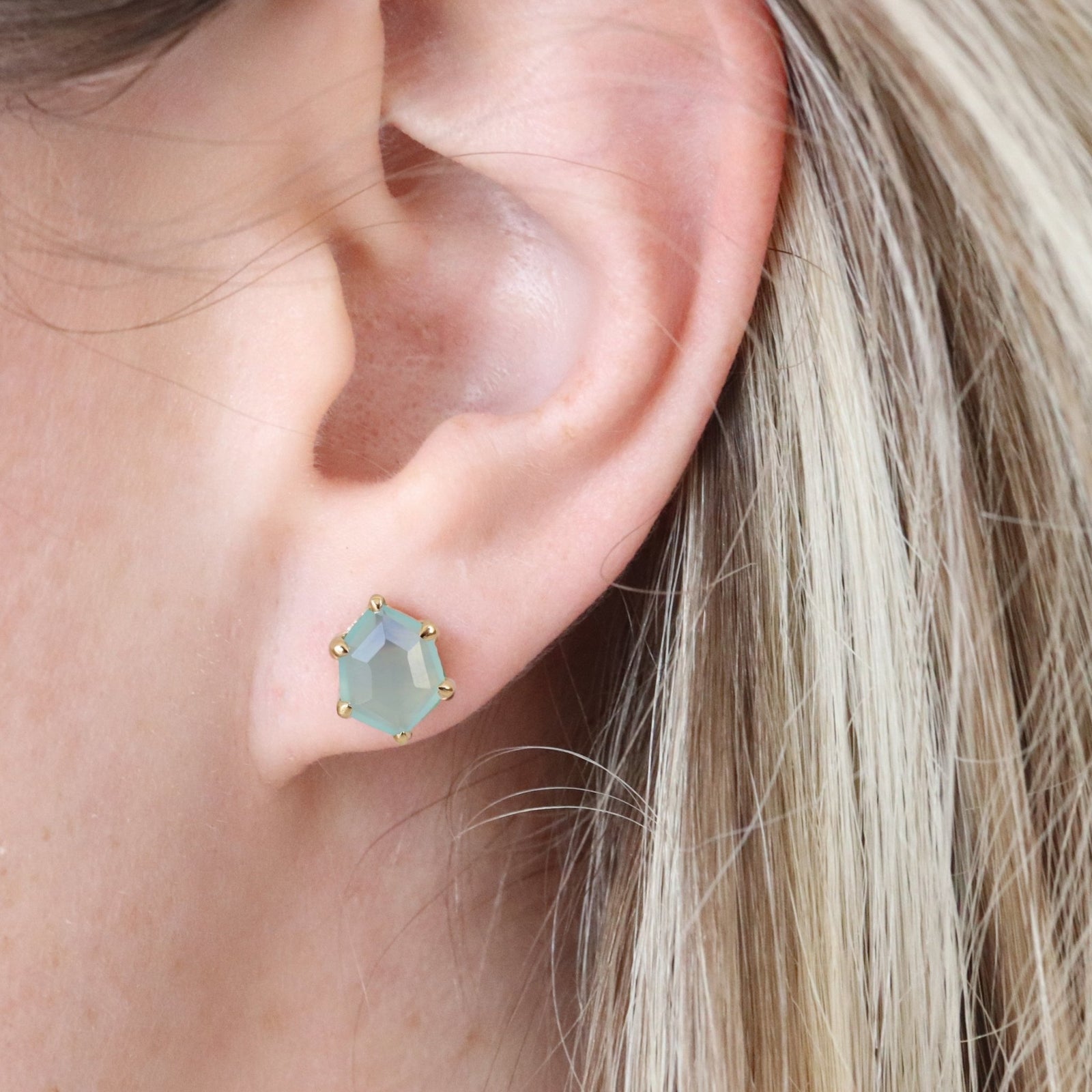 MINI HONOUR SHIELD STUD EARRINGS - AQUA CHALCEDONY & GOLD - SO PRETTY CARA COTTER