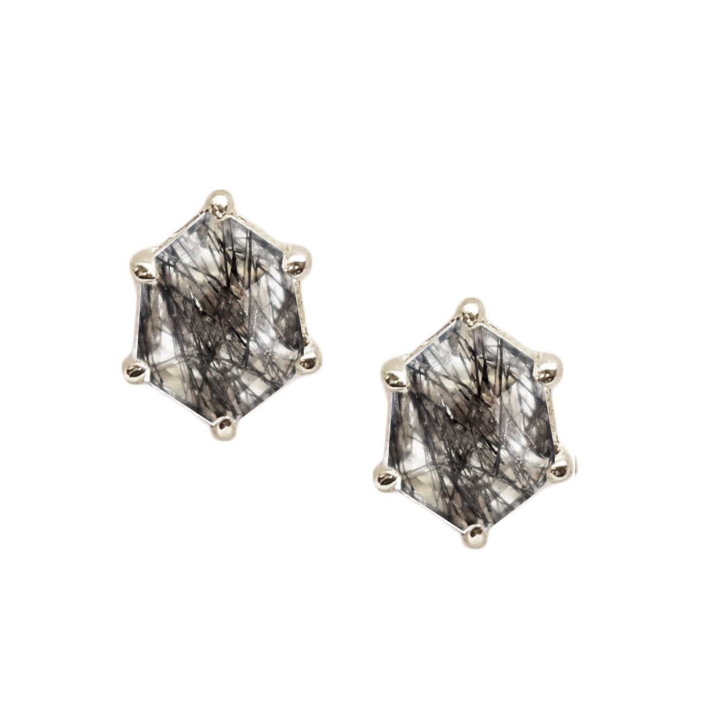 MINI HONOUR SHIELD STUD EARRINGS - BLACK RUTILE QUARTZ & SILVER - SO PRETTY CARA COTTER