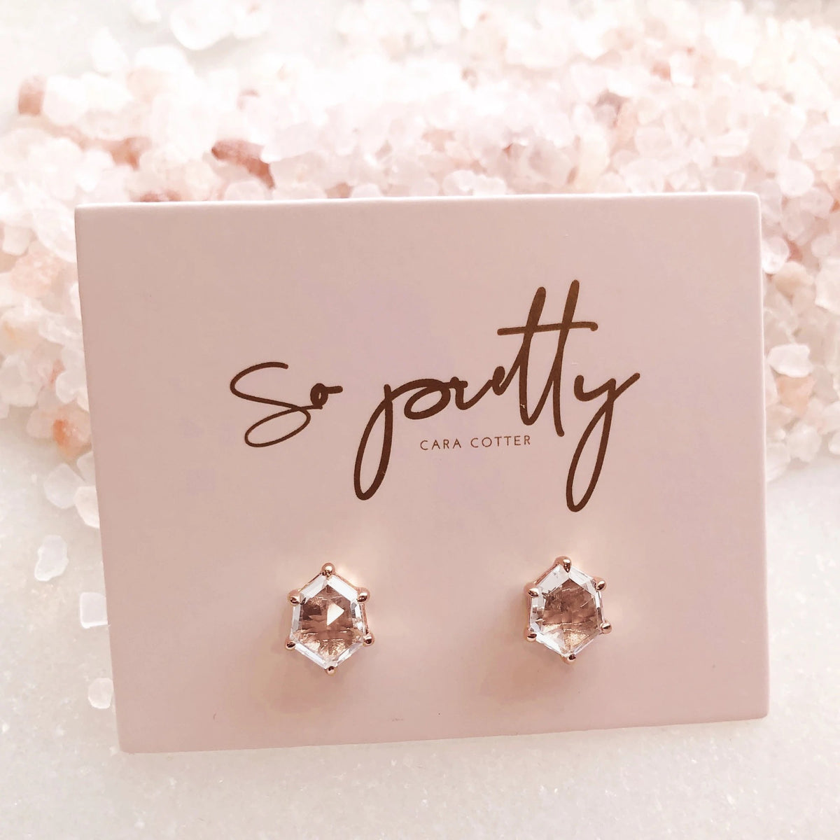 MINI HONOUR SHIELD STUD EARRINGS - WHITE TOPAZ &amp; ROSE GOLD - SO PRETTY CARA COTTER