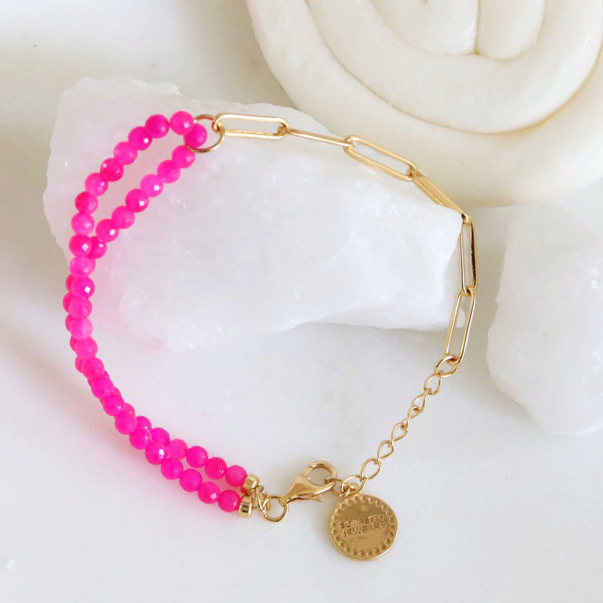 POISE BEADED LINK BRACELET - HOT PINK CHALCEDONY &amp; GOLD 7-8&quot; - SO PRETTY CARA COTTER