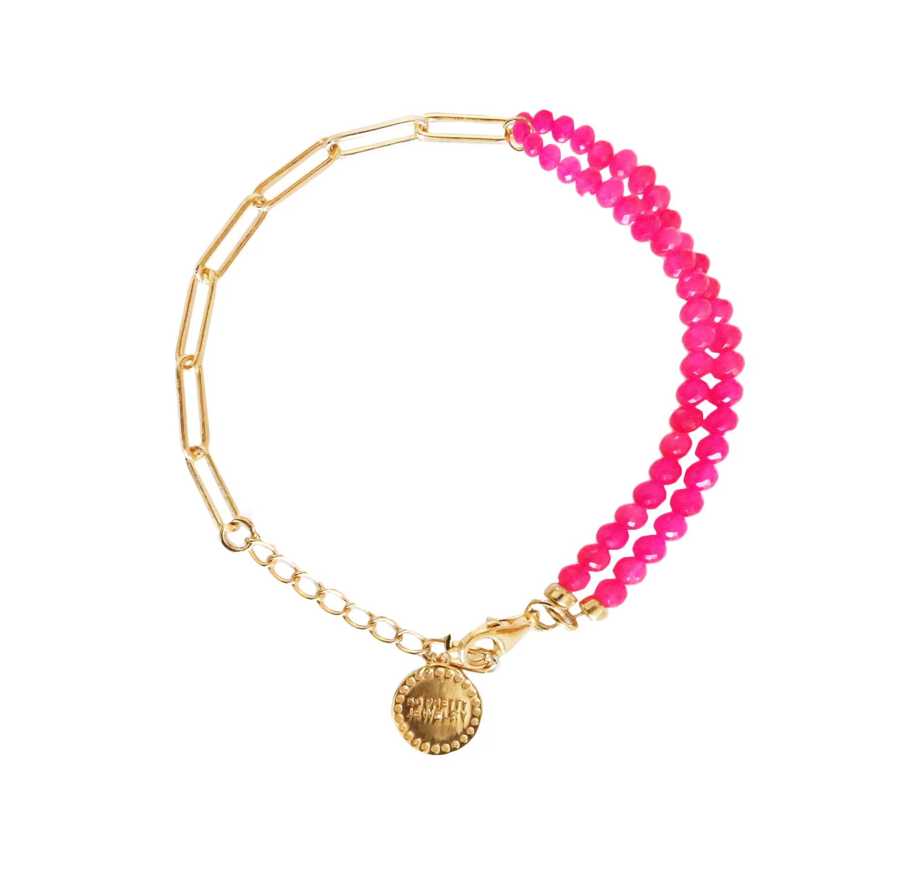 POISE BEADED LINK BRACELET - HOT PINK CHALCEDONY & GOLD 7-8" - SO PRETTY CARA COTTER