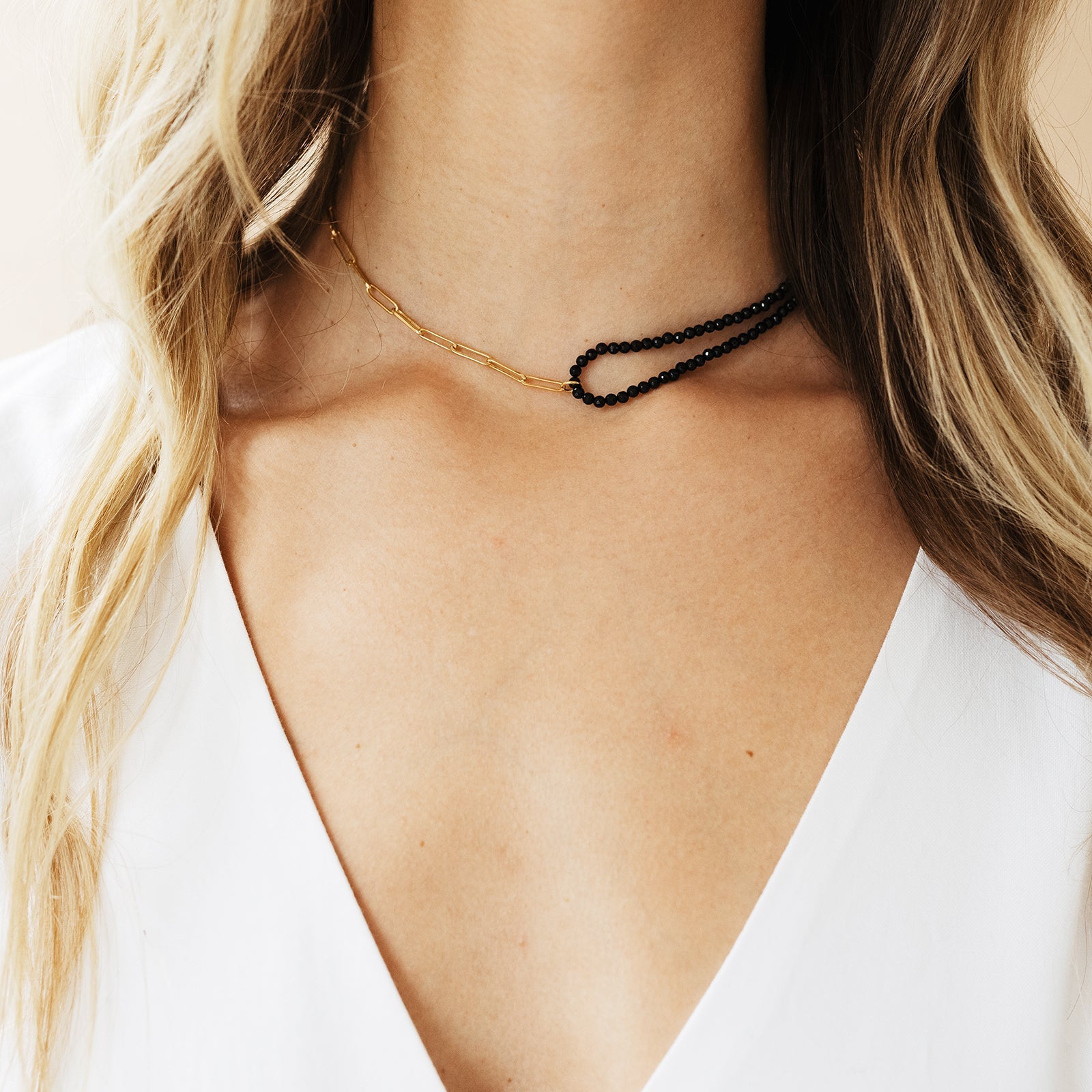 POISE BEADED LINK NECKLACE - BLACK ONYX & GOLD - SO PRETTY CARA COTTER