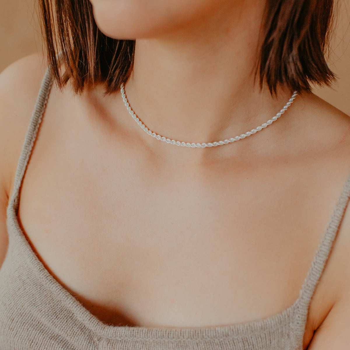Dainty Silver Rope Chain Choker Necklace, Twisted Rope Chain