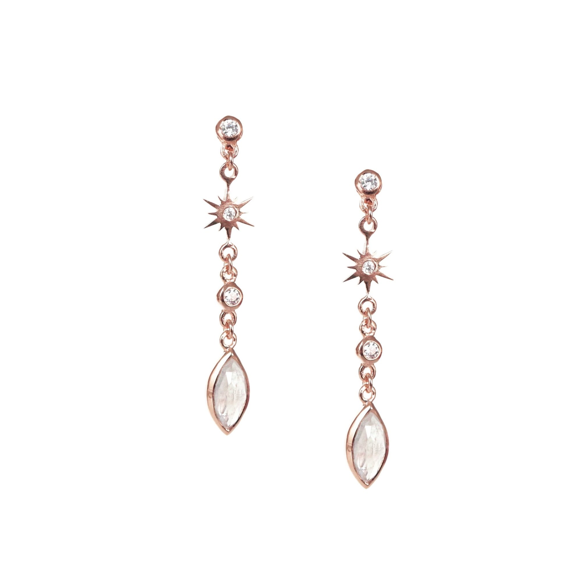 TINY BELIEVE MARQUISE DROP EARRINGS - CUBIC ZIRCONIA, MOONSTONE & ROSE GOLD - SO PRETTY CARA COTTER