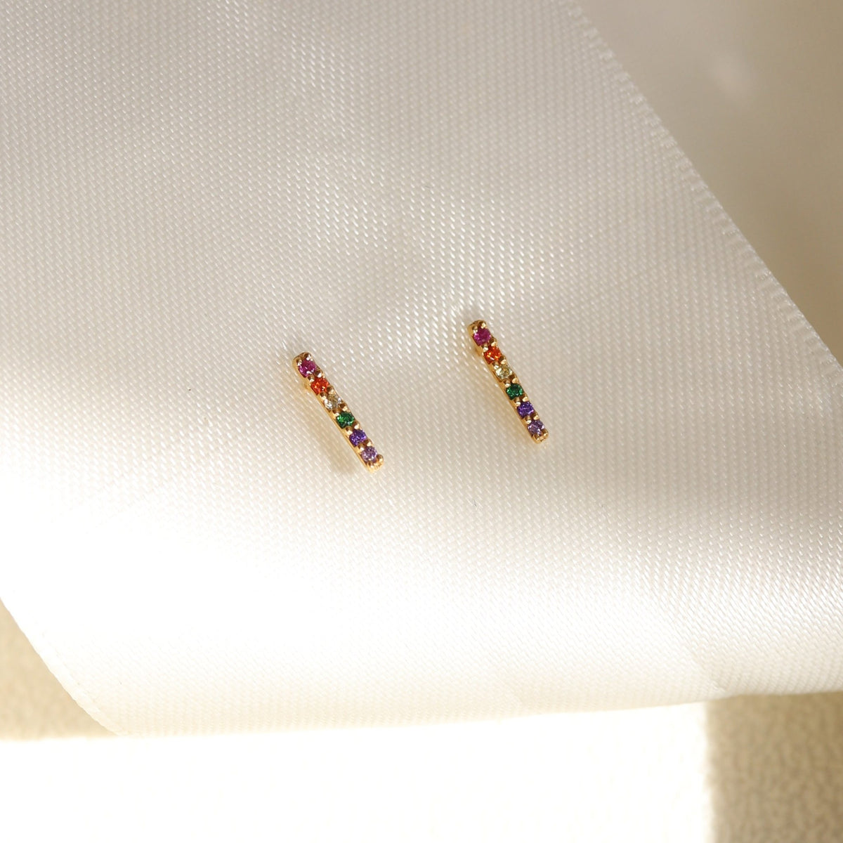 TINY LOVE BAR STUDS - RAINBOW CUBIC ZIRCONIA &amp; GOLD - SO PRETTY CARA COTTER