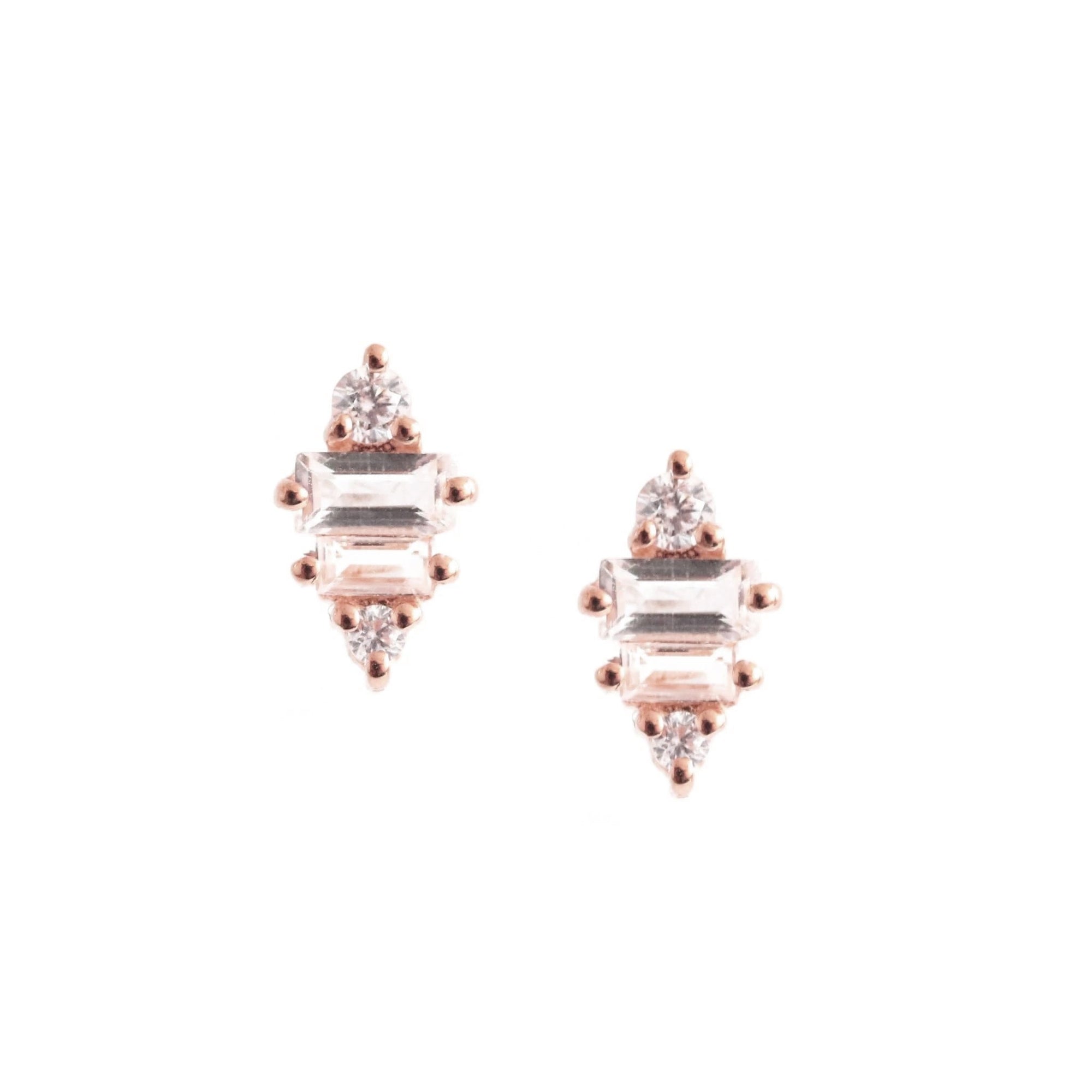 TINY LOYAL PRISM STUDS - WHITE TOPAZ, CUBIC ZIRCONIA, & ROSE GOLD - SO PRETTY CARA COTTER