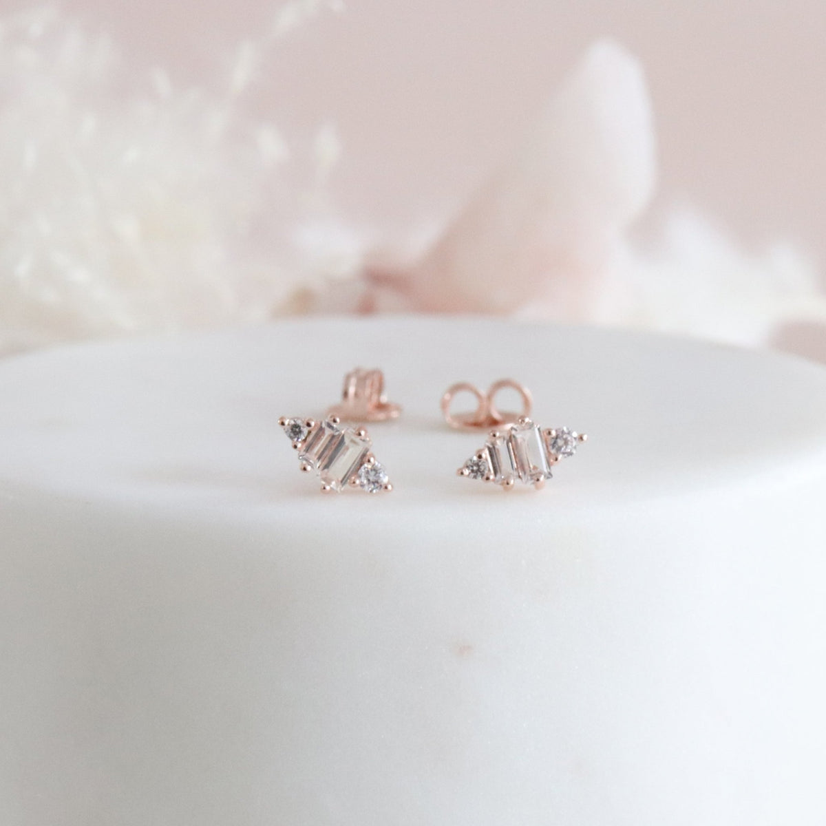 TINY LOYAL PRISM STUDS - WHITE TOPAZ, CUBIC ZIRCONIA, &amp; ROSE GOLD - SO PRETTY CARA COTTER