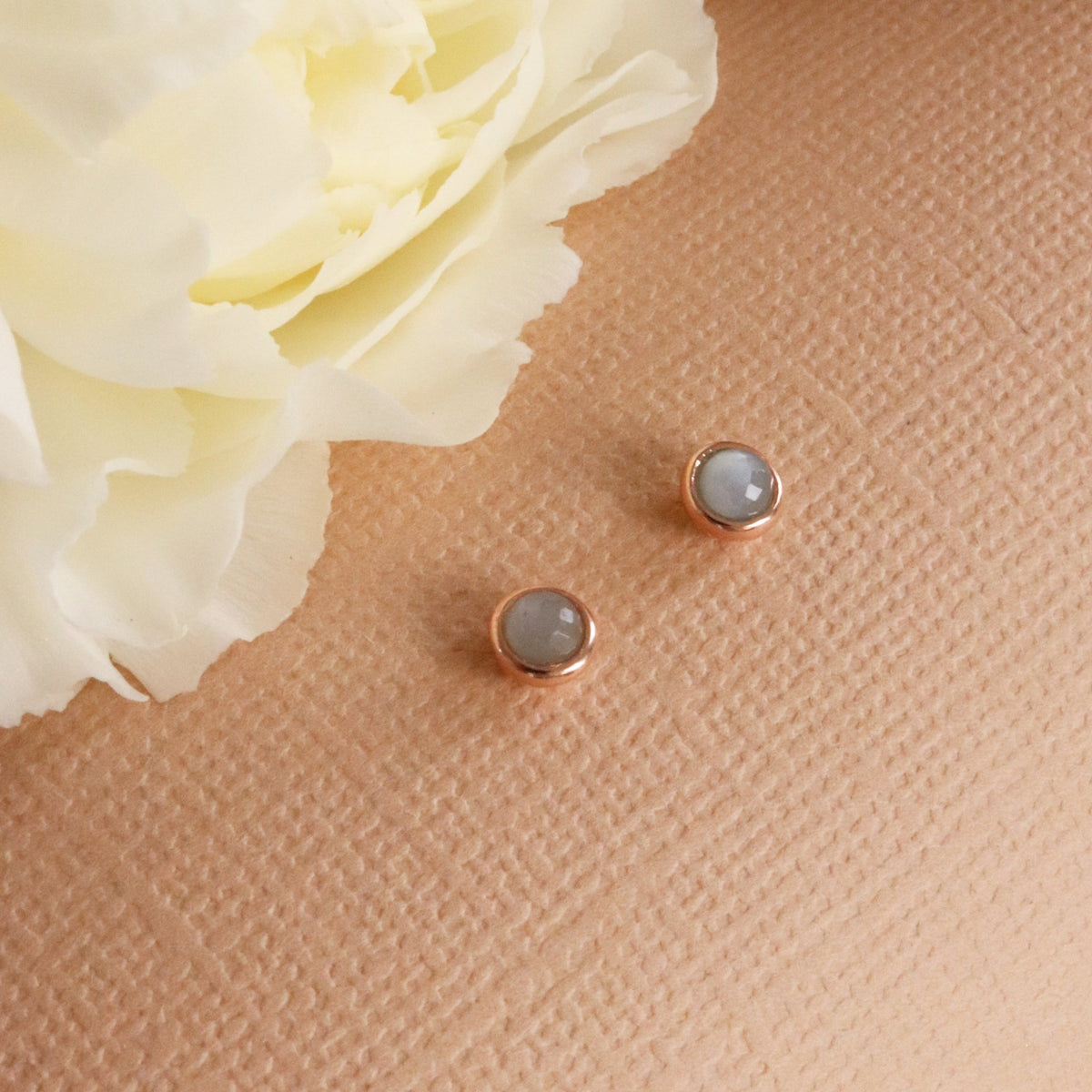 TINY PROTECT STUD EARRINGS - GREY MOONSTONE &amp; ROSE GOLD - SO PRETTY CARA COTTER
