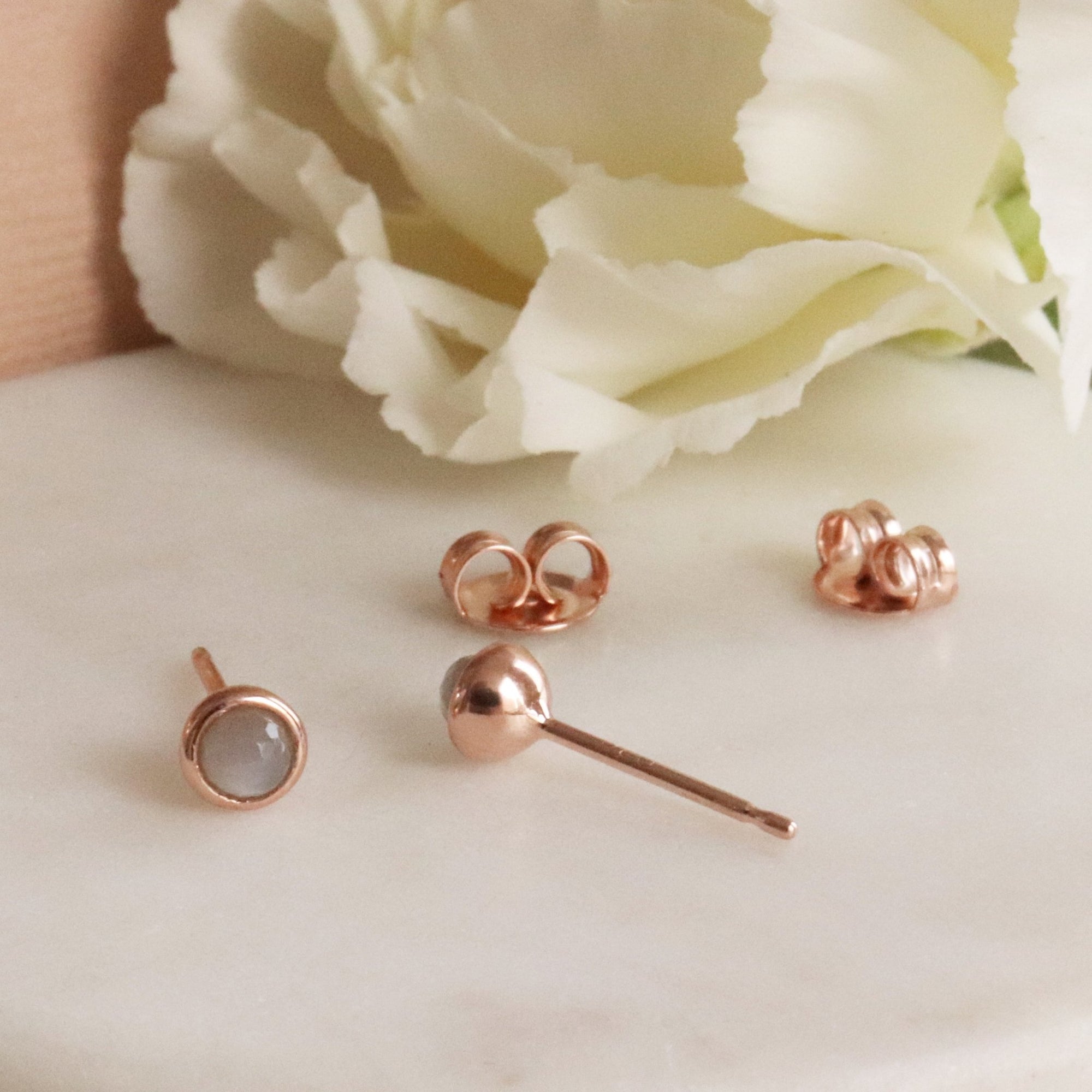 TINY PROTECT STUD EARRINGS - GREY MOONSTONE & ROSE GOLD - SO PRETTY CARA COTTER